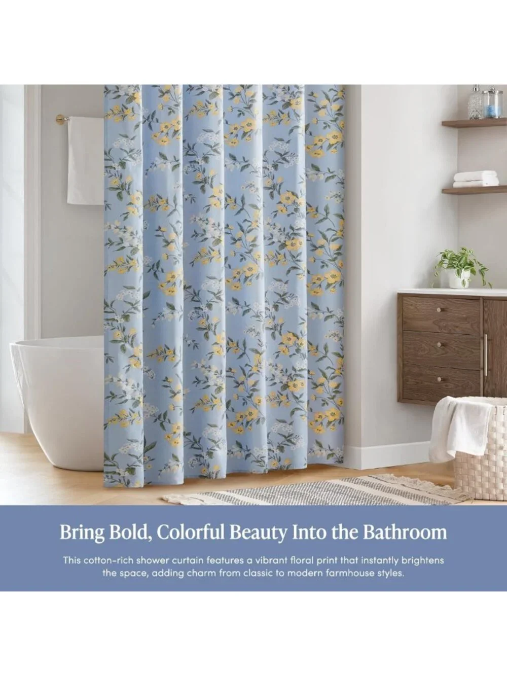 Floral Shower Curtain, Cotton-Rich, Timeless Garden Design, Farmhouse Decor